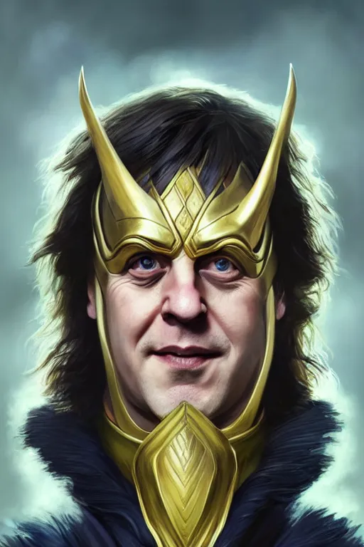 Image similar to Boris Johnson as Loki, realistic portrait, symmetrical, highly detailed, digital painting, artstation, concept art, smooth, sharp focus, illustration, cinematic lighting, art by artgerm and greg rutkowski and alphonse mucha