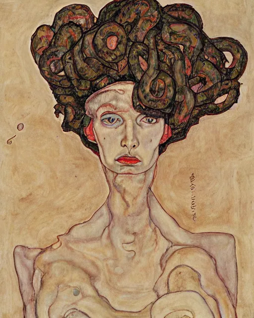 Image similar to portrait of a strong medusa with many pythons by egon schiele in the style of greg rutkowski