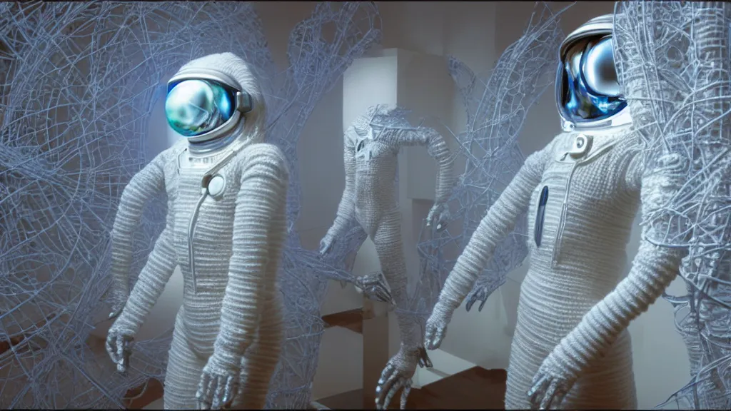 Prompt: a cybernetic symbiosis of a single astronaut eva suit made of pearlescent wearing knitted yarn thread infected with diamond 3d fractal lace iridescent bubble 3d skin covered with stalks of insectoid compound eye camera lenses floats through the living room, film still from the movie directed by Denis Villeneuve with art direction by Salvador Dalí, wide lens,