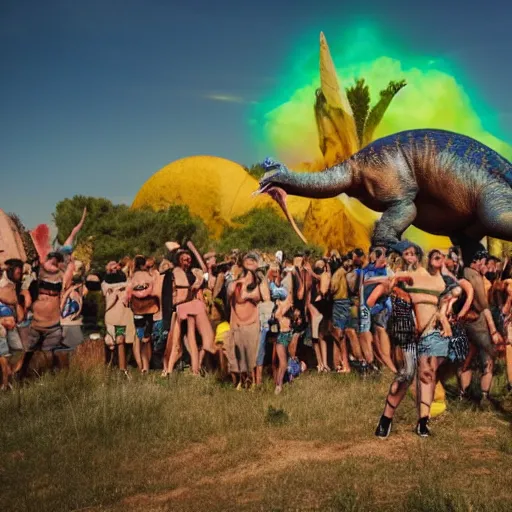 Prompt: a group of dinosaurs having a rave party at boom festival main stage