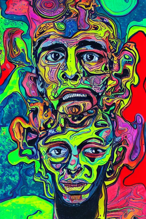 Image similar to a man with a psychedelic face with many deformed and chaotic monsters on his face