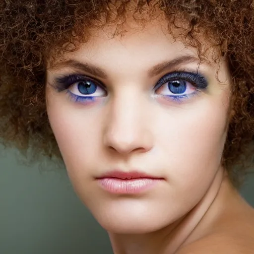 Prompt: beautiful woman with fuzzy hair and big green eyes with a coldsore on her lip