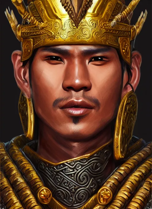 Prompt: smart tai warlord, closeup portrait, historical hero, ethnic group, khmer costume, khmer art bronze headdress, intricate, with leather armor cross on bare chest, elegant, loin cloth, highly detailed, oil painting, artstation, concept art, matte, sharp focus, illustration, hearthstone, art by earl norem