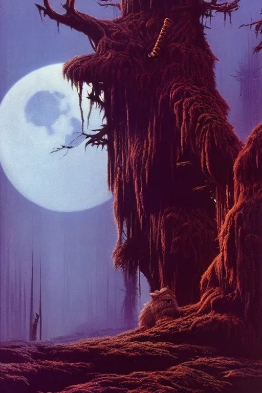 Image similar to emissary the forest moon home of the furry ewoks ( designated : ix 3 2 4 4 - a ) by arthur haas and bruce pennington and john schoenherr, cinematic matte painting, 8 k, dark color palate