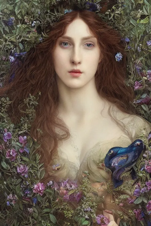 Image similar to An extremely beautiful pre-raphaelite ornate portrait of a very beautiful witch, surreal, ultradetailed, intricate, elegant, digital art painting, concept art, smooth, sharp focus, magazine art cover illustration, regal, award winning picture, extremely detailed masterpiece, sense of awe, featured on Artstation, Artgerm, ethereal bubbles, Aetherpunk, atmospheric lightning, Exquisite floral details, 8K detail post-processing, oil painting