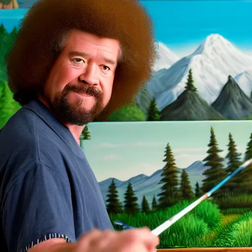 Prompt: a closeup photorealistic photograph of bob ross adding the finishing touches on a canvas painting of kenny powers. mountains and trees. film still. brightly lit scene. this 4 k hd image is trending on artstation, featured on behance, well - rendered, extra crisp, features intricate detail, epic composition and the style of unreal engine.