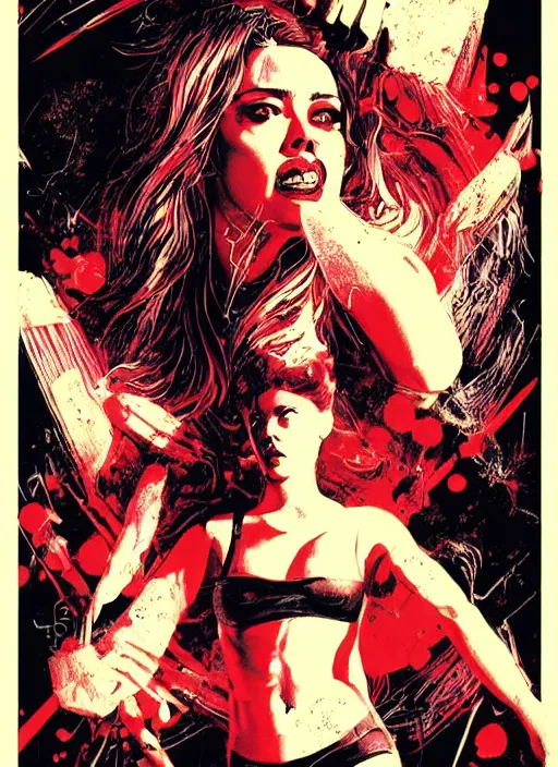 Prompt: scarlett johannson as the final girl on a vintage 1 9 8 0 s movie poster, slasher, horror, high details, intricate details, by vincent di fate, artgerm julie bell beeple, 1 9 8 0 s, inking, vintage 8 0 s print, screen print