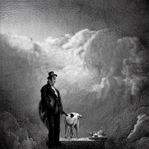 Image similar to a pig in a tuxedo, creepy atmosphere, outside, clouds, dark, portrait, realistic, very realistic, illustration by Gustave Doré