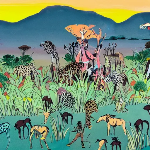 Prompt: quentin blake, james jean illustration of a safari at sunset
