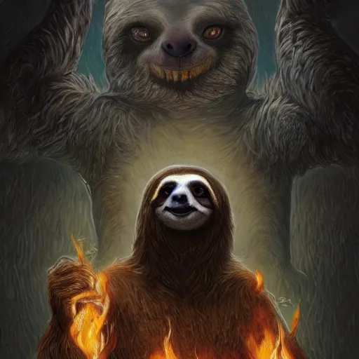 Image similar to unholy sloth, sloth monster, animal sloth, anthropomorphic sloth, demon sloth, demonic robes, damnation, hell, fear, dirty matted fur, evil, horror, fire, gloomy mood, ultra details, art by artgerm, dwayne barlowe, trending on artstation and greg rutkowski and alphonse mucha, 8 k