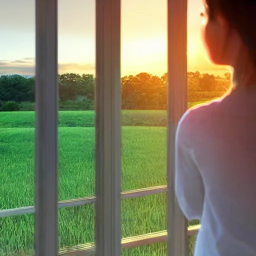 Prompt: a person looking out of her small front porch seeing a large field in the countryside, photorealistic, cozy, sunrise