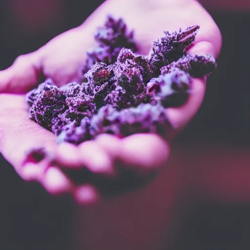 Prompt: closeup of hand holding purple frosty dense marijuana buds, cinematic, 4 k