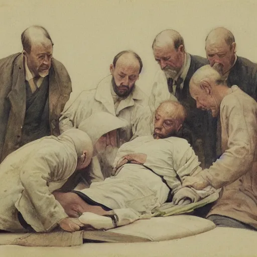 Prompt: shikki funereal by walter langley. a beautiful conceptual art of a team of surgeons gathered around a patient on an operating table, with one surgeon in the process of cutting into the patient's chest. the conceptual art is full of intense colors & brushstrokes, conveying the urgency & intensity of the surgery.