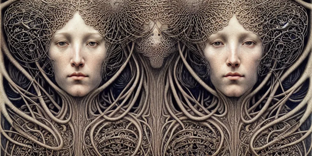 Prompt: detailed realistic beautiful cyborg face portrait by jean delville, gustave dore, iris van herpen and marco mazzoni, art forms of nature by ernst haeckel, art nouveau, symbolist, visionary, gothic, neo - gothic, pre - raphaelite, fractal lace, intricate alien botanicals, ai biodiversity, surreality, hyperdetailed ultrasharp octane render