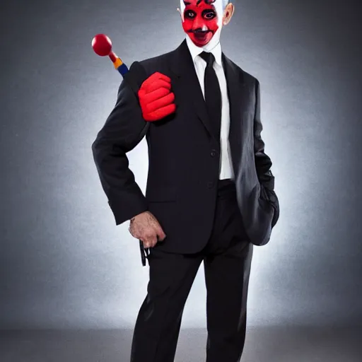 Image similar to UHD candid photo of Anthony Fauci dressed as a hitman, wearing accurate clown makeup, accurate face, UHD, photorealistic, correct face, photo by Annie Leibowitz