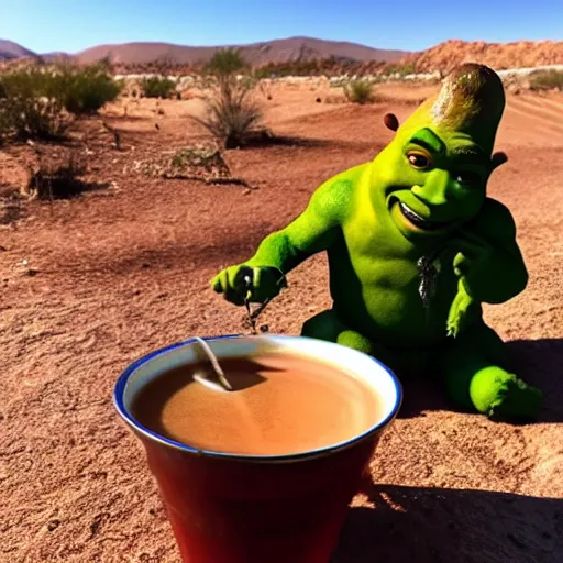 Image similar to Shrek drinking moroccan tea in the desert