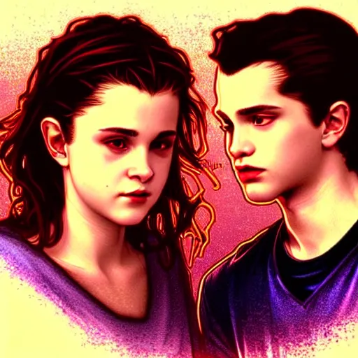 Image similar to Twilight version of Stranger Things, Portrait of Edward and Bella, diffuse lighting, fantasy, intricate, elegant, highly detailed, lifelike, photorealistic, digital painting, artstation, illustration, concept art, smooth, sharp focus, art by Alphonse Mucha