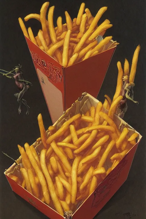 Image similar to a box of mcdonalds fries in the style of wayne barlowe, gustav moreau, goward, bussiere, roberto ferri, santiago caruso, luis ricardo falero, austin osman spare