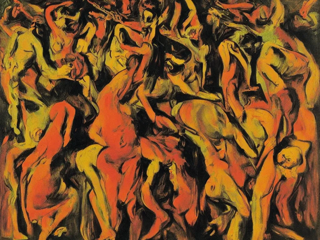 Image similar to surreal, tribal dance, art by willem de kooning, gustave courbet