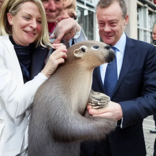 Image similar to Danish prime minister Mette Frederiksen bitten by a mink