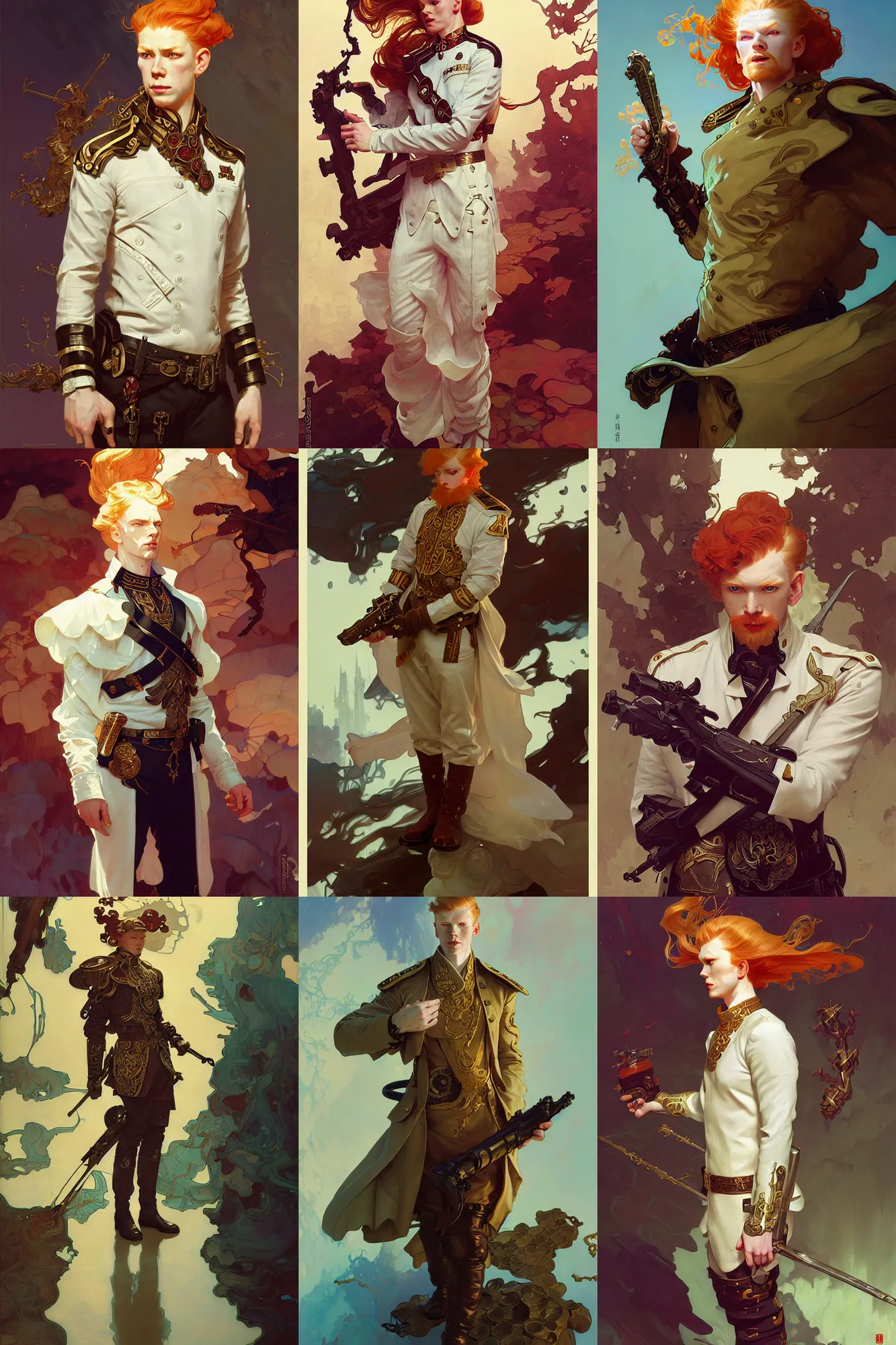 Prompt: young ginger male officer, white russian clothes, fantasy, smooth, art by joseph leyendecker, peter mohrbacher, ruan jia, marc simonetti, ayami kojima, cedric peyravernay, alphonse mucha, victo ngai