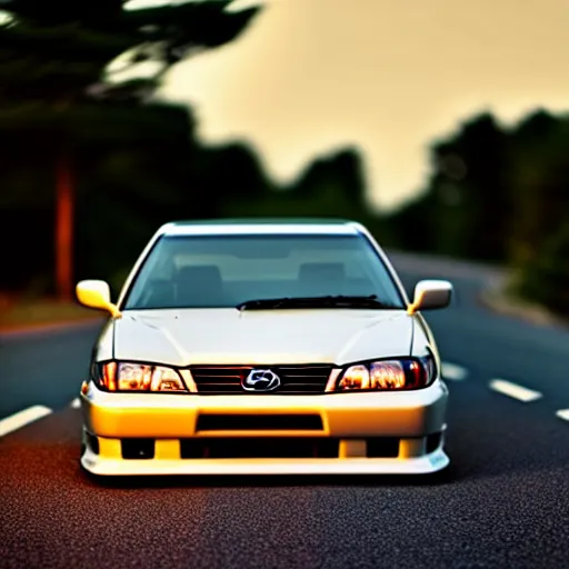 Image similar to a car Toyota JZX100 in middle of road, gunma prefecture, city sunset, cinematic color, photorealistic, highly detailed, bokeh