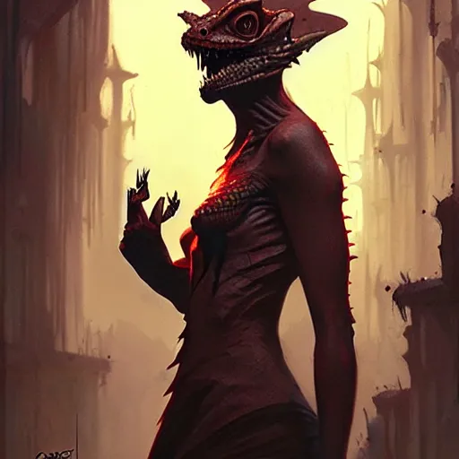 Prompt: lizard priestess, bloody eyes, by greg rutkowski and artgerm, very detailed, sharp focus, magic the gathering, 8 k, intricate, dramatic