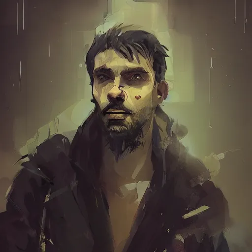 Image similar to human male character portrait, by Ismail Inceoglu, black hair, beard, scars, dark eyes, shabby clothes, art, dungeons and dragons, digital art