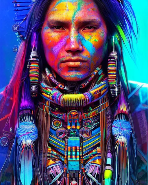 Image similar to colorful portrait of a futuristic native american indigenous hippie with cybernetics | highly detailed | very intricate | symmetrical | professional model | cinematic lighting | award - winning | painted by rossdraws and wlop and artgerm | pan futurism, dystopian, bold psychedelic colors, cyberpunk, anime aesthestic | featured on artstation