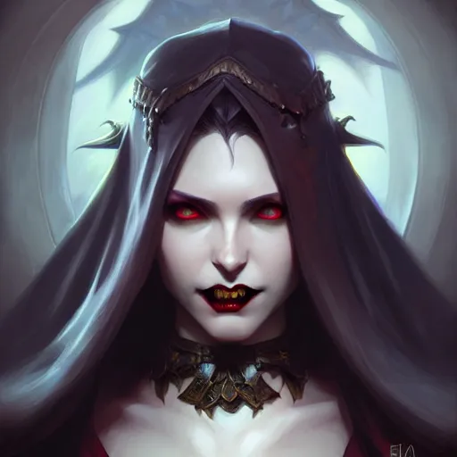 Prompt: Vampire, female, D&D, fantasy, intricate, elegant, highly detailed, digital painting, artstation, concept art, matte, sharp focus, illustration, hearthstone, art by Artgerm and Greg Rutkowski and Alphonse Mucha