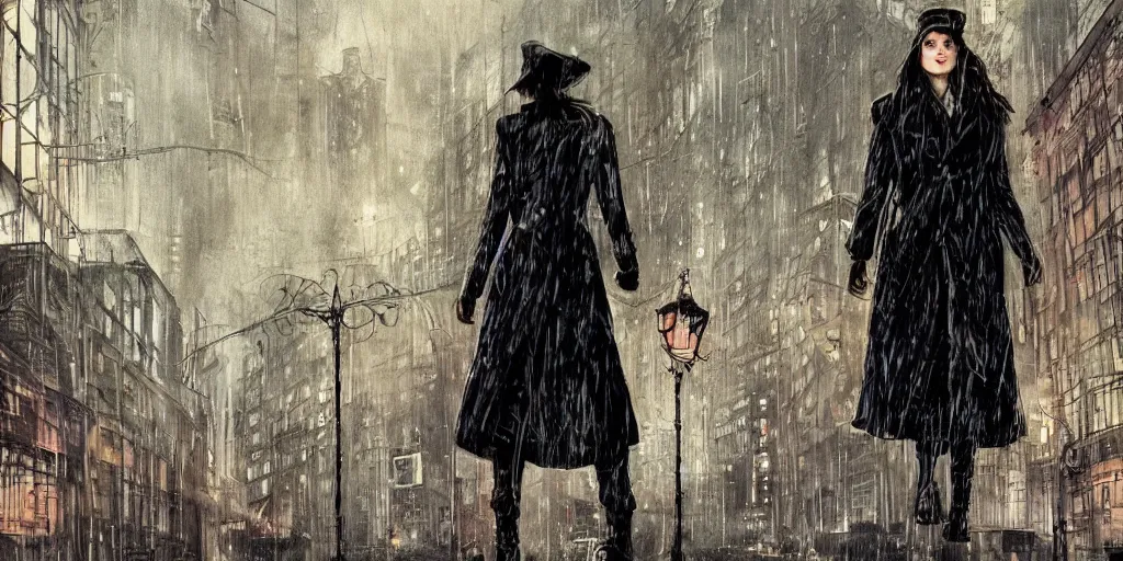 Image similar to young female detective long tailored overcoat, dress, combat boots, in a dark city in the rain, surreal, comic book, low angle, wide angle, concept art by enki bilal, sam kieth, shinji aramaki, greg rutkowksi, andrew ferez