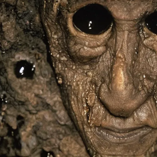 Image similar to photo inside a cavern of a wet reptilian humanoid miles davis partially hidden behind a rock, with black eyes, open mouth and big teeth