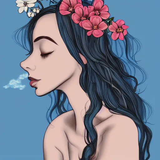 Prompt: a drawn picture of a dreaming woman with flowers grow out of hair, roses peonies forget-me-nots dahlias lupins gladioli, sky theme in background, Digital Art, Trending on artstation