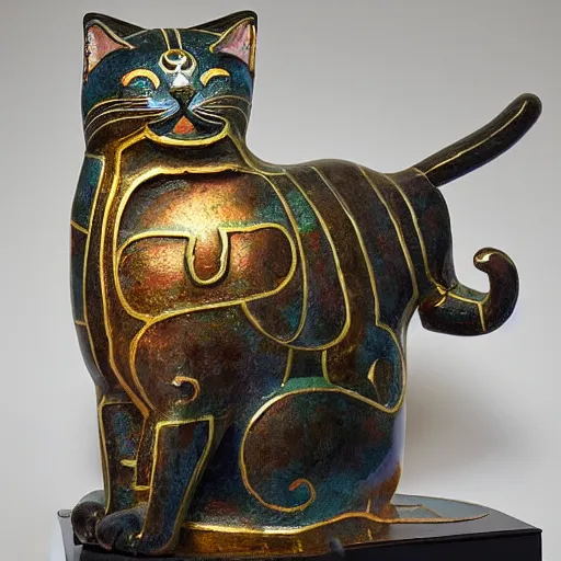 Image similar to cloisonne robot cat sculpture, by annie swynnerton and diego rivera and nicholas roerich and jean delville and janet fish, symbolist, dramatic lighting, god rays, art brut, rich colors, smooth, sharp focus, extremely detailed, adolf wolfli and ( donato giancola and bilibin )