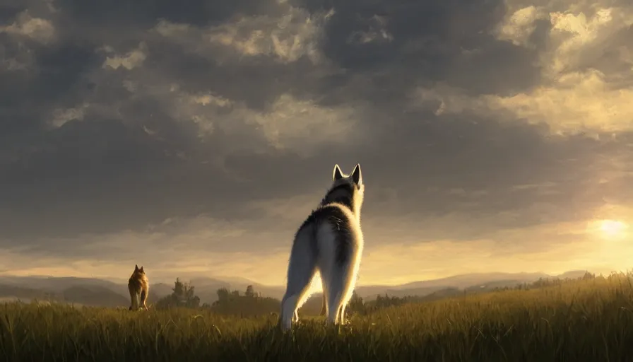 Image similar to back view of husky watching the sun sitting of the hill, clouds in the sky, hyperdetailed, artstation, cgsociety, 8 k