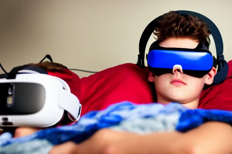 Prompt: A stock photo of a teenage boy laying in bed with a bunch of stuff wearing a VR-headset, featured on flickr, cluttered room