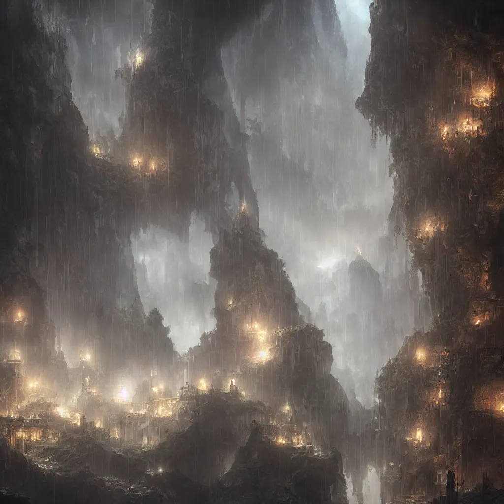 Image similar to a fantasy city built within a vast cave, illustration, raining, dark and moody lighting, digital art, fantasy, 8 k, trending on artstation, detailed