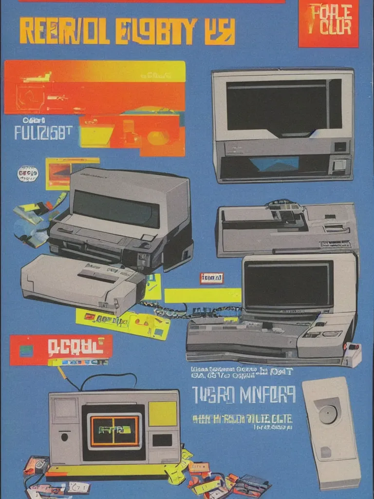 Prompt: full-color 1983 magazine advertisement for a retro-futuristic cartridge-based video-game console with an external floppy-disk drive, which is displaying a pixel-art game on a small CRT monitor. Cassette-futurism; Casette-punk; retro-futurism.