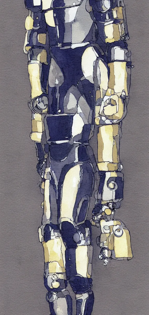 Image similar to male, full body, modern space suit, very stylized character design, large shoulders, short torso, long thin legs, tiny feet, character sheet, science fiction, hyperdetailed, technical suit, space marine, watercolor digital painting, by mike mignola, by alex maleev, jean giraud, painted by leyendecker