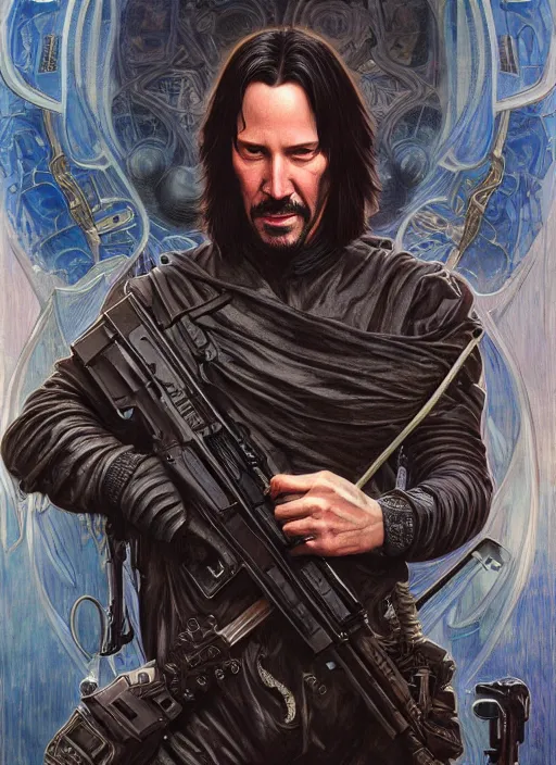 Image similar to Keanu Reeves as God of Guns, brutal, epic, intricate, elegant, highly detailed, digital painting, 4k, HDR, concept art, smooth, sharp focus, illustration, art by alphonse mucha,artgerm, H R Giger