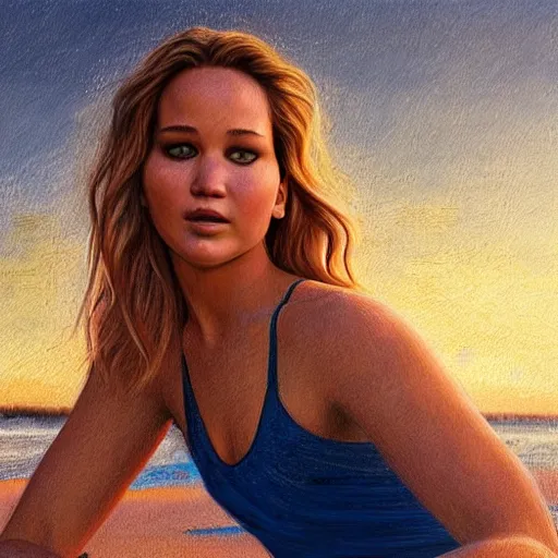 Image similar to beautiful serene intricate portrait of jennifer lawrence and jennifer lawrence taking a selfie, relaxing on the beach, golden hour, soft focus, 8 k, art by irakli nadar, hyperrealism, hyperdetailed, ultra realistic