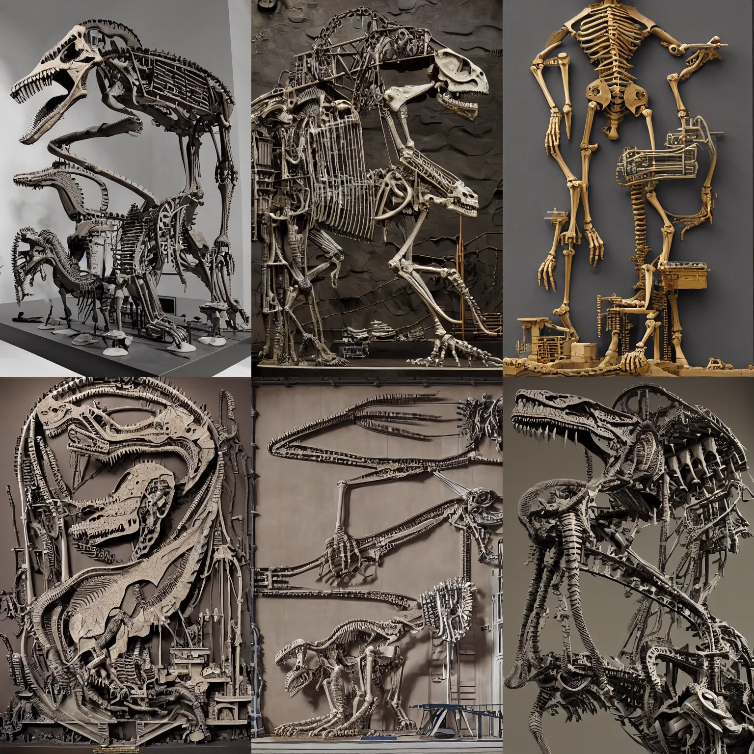 Prompt: epic, flat shaped stone relief, mechanic bionic dinosaur skeleton dissection relief made from rollercoaster, with organs, cables, wires and tubes, by angus mckie, on a black wall, by Lorenzo Ghiberti, by Goga Tandashvili, artstation, cgsociety, at Khajuraho