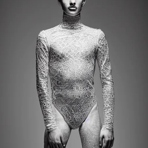 Prompt: a portrait of a beautiful young male wearing an alexander mcqueen bodysuit made of silver lace , photographed by andrew thomas huang, artistic