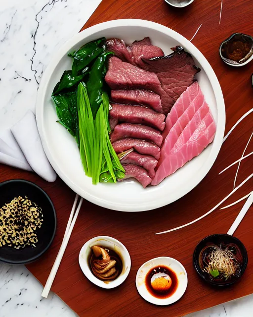 Prompt: realistic photo of delicious yakiniku, bowl, white kitchen table, cloth, marble, highly detailed, by louise lister, sara ali, mary devinat, kailee mandel, masterpiece, award winning, food photography