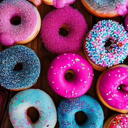 Prompt: photo of toilet filled with pink-frosted donuts and colorful sprinkles, 50mm, beautiful photo