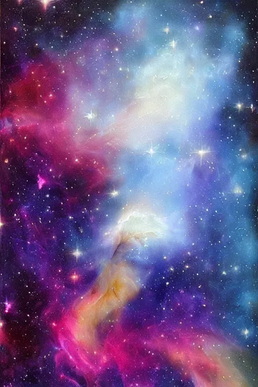 Image similar to A cat nebula, space colors, beautiful painting, cute kitten