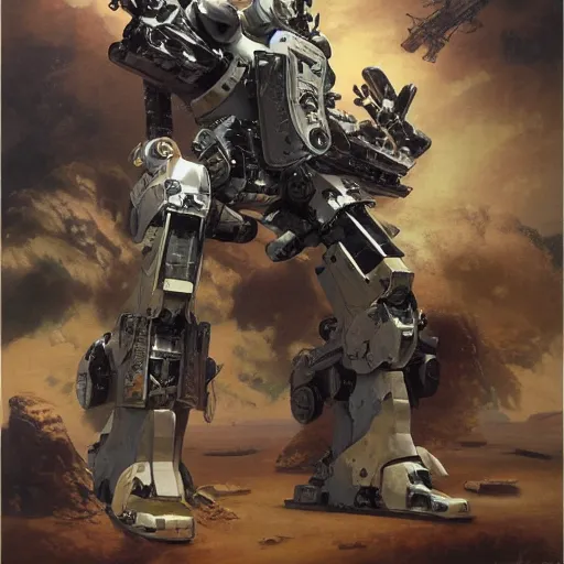 Image similar to ruger revolver redhawk 3 5 7 revolver mobile combat suit firearm rococo robot, smith wesson 6 8 6 mecha android, detailed illustration, concept art, smooth, sharp focus, by gaston bussiere, katsuya terada, nc wyeth, bandai macross box art, canon eos