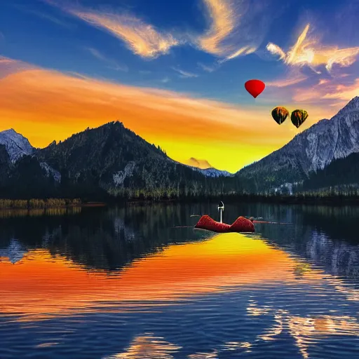 Image similar to photo of two black swans swimming in a beautiful reflective mountain lake, touching heads, forming a heart with their necks, a colorful hot air balloon is flying above the swans, hot air balloon, intricate, 8k highly professionally detailed, HDR, CGsociety