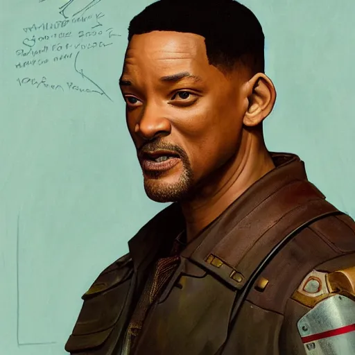 Image similar to Will Smith as a trader character in Fallout 4, gorgeous, beautiful, intricate, highly detailed, digital painting, artstation, oppressive lighting, concept art, sharp focus, illustration, art by greg rutkowski and alphonse mucha