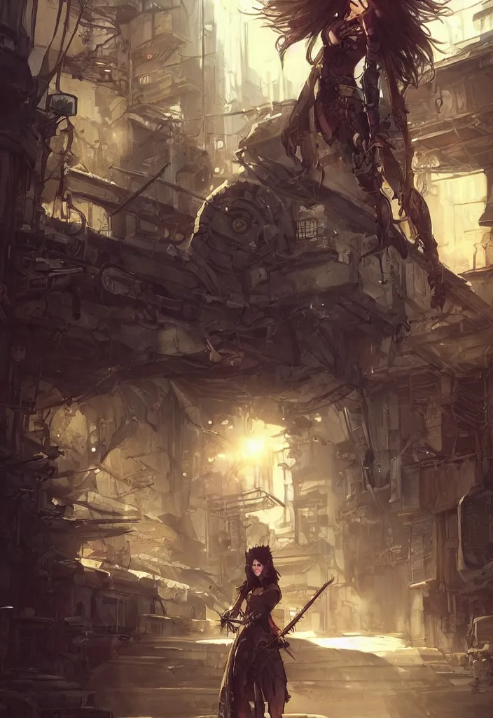 Image similar to Beautiful science fiction warrior princess, set in post apocalyptic Tokyo alleyway, glorious sunlight, colors and shadows, D&D, fantasy, highly detailed, digital painting, artstation, concept art, sharp focus, illustration, in style of Artgerm, Frank Frazetta and Luis Royo and WLOP and Greg Rutkowski